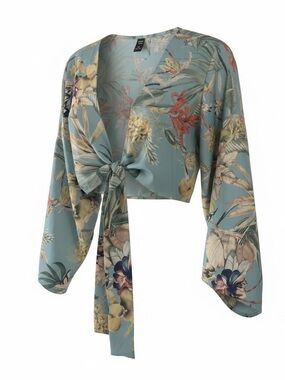 Floral Tie-Front Crop Top in Teal